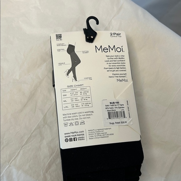 NWT MEMOI (2 pair) Black Control Top Opaque Tights. Size L/XL - Picture 3 of 5